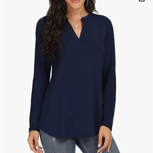 Neineiwu  Split V Neckline Navy Long Sleeve Top Size XL New With Tags